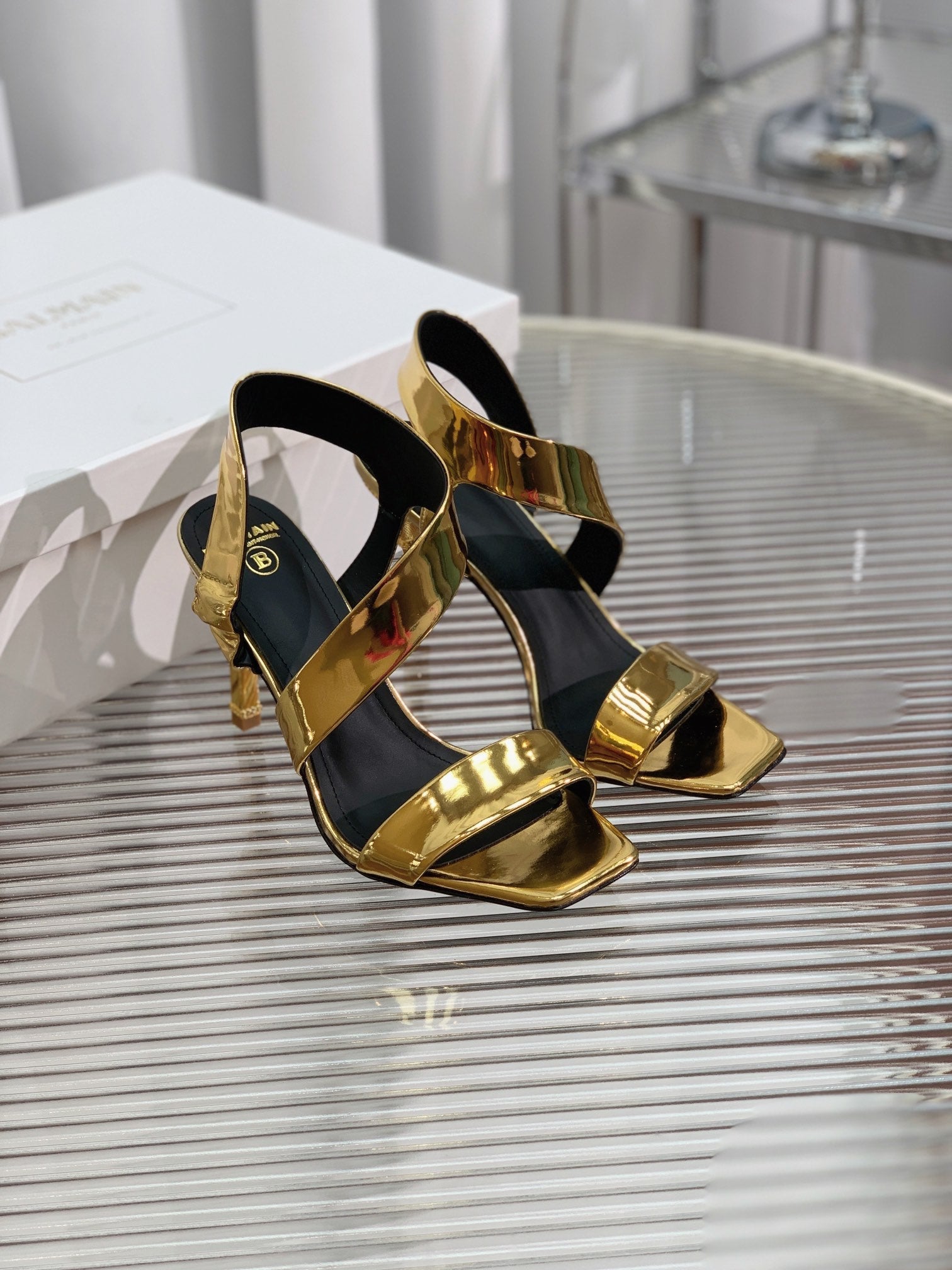 BALMAIN 25S HIGH HEEL SANDALS 95MM IN GOLD GLOSSY CALFSKIN