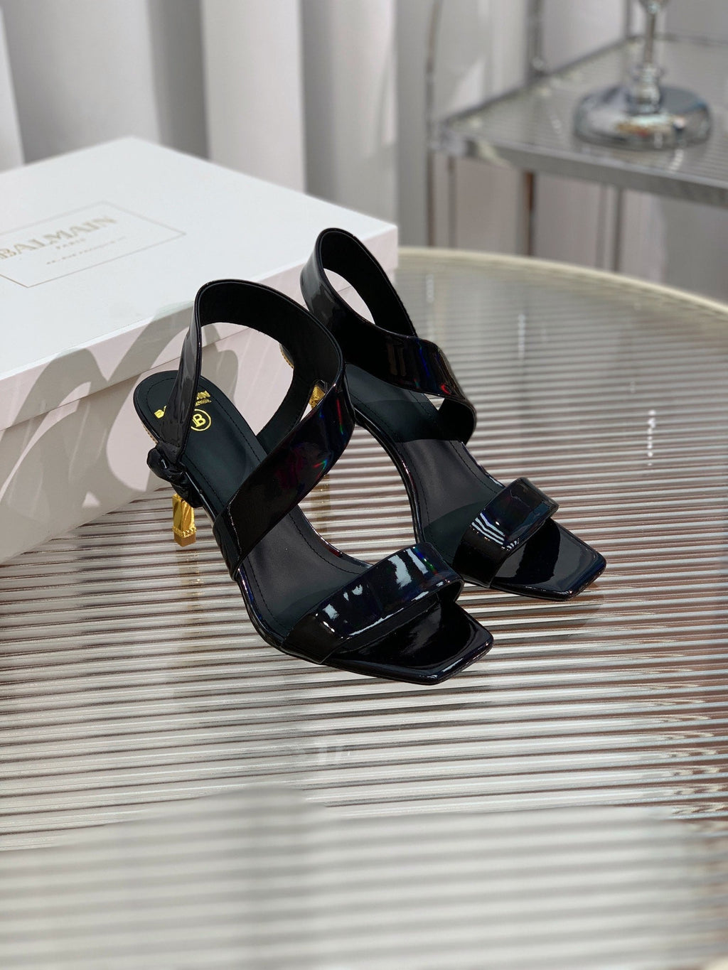 BALMAIN 25S HIGH HEEL SANDALS 95MM IN BLACK GLOSSY CALFSKIN