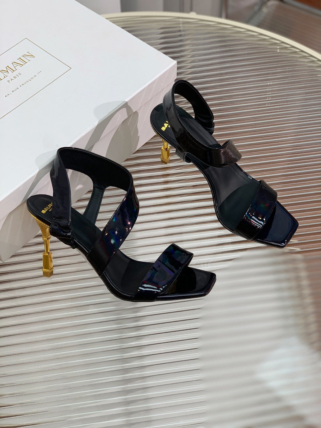 BALMAIN 25S HIGH HEEL SANDALS 95MM IN BLACK GLOSSY CALFSKIN