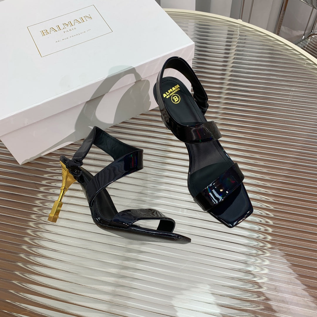 BALMAIN 25S HIGH HEEL SANDALS 95MM IN BLACK GLOSSY CALFSKIN