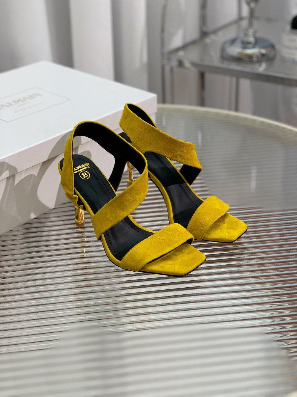 BALMAIN 25S HIGH HEEL SANDALS 95MM IN GOLDEN YELLOW SUEDE