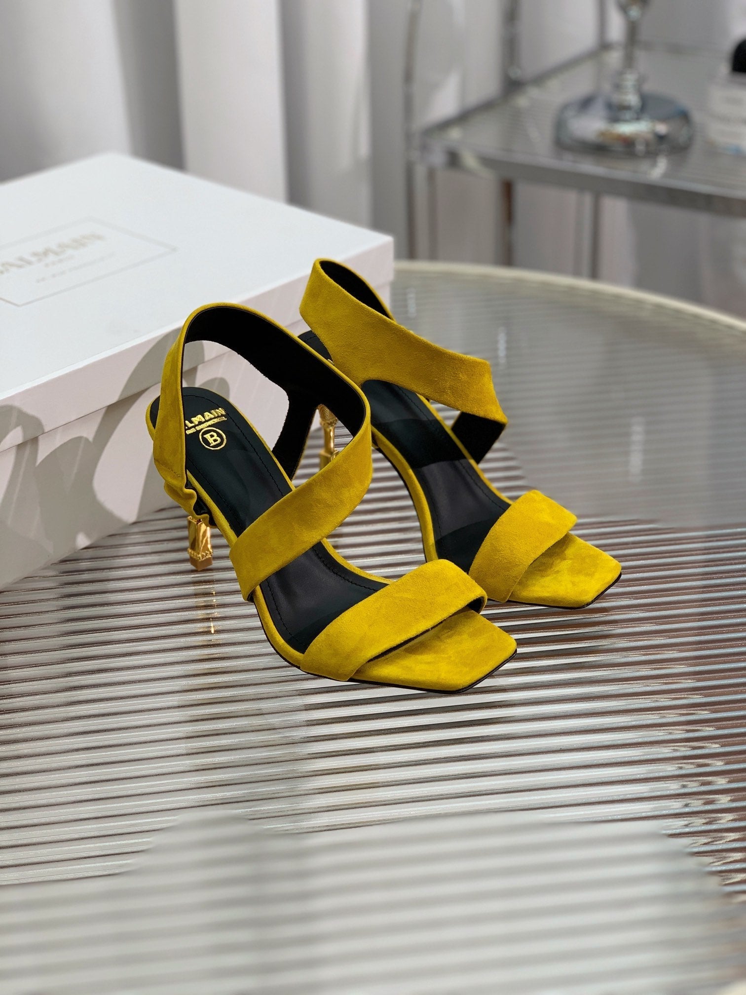 BALMAIN 25S HIGH HEEL SANDALS 95MM IN GOLDEN YELLOW SUEDE