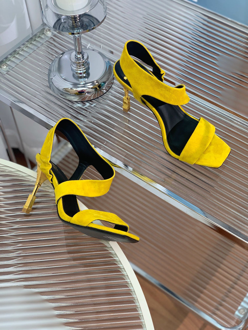 BALMAIN 25S HIGH HEEL SANDALS 95MM IN GOLDEN YELLOW SUEDE