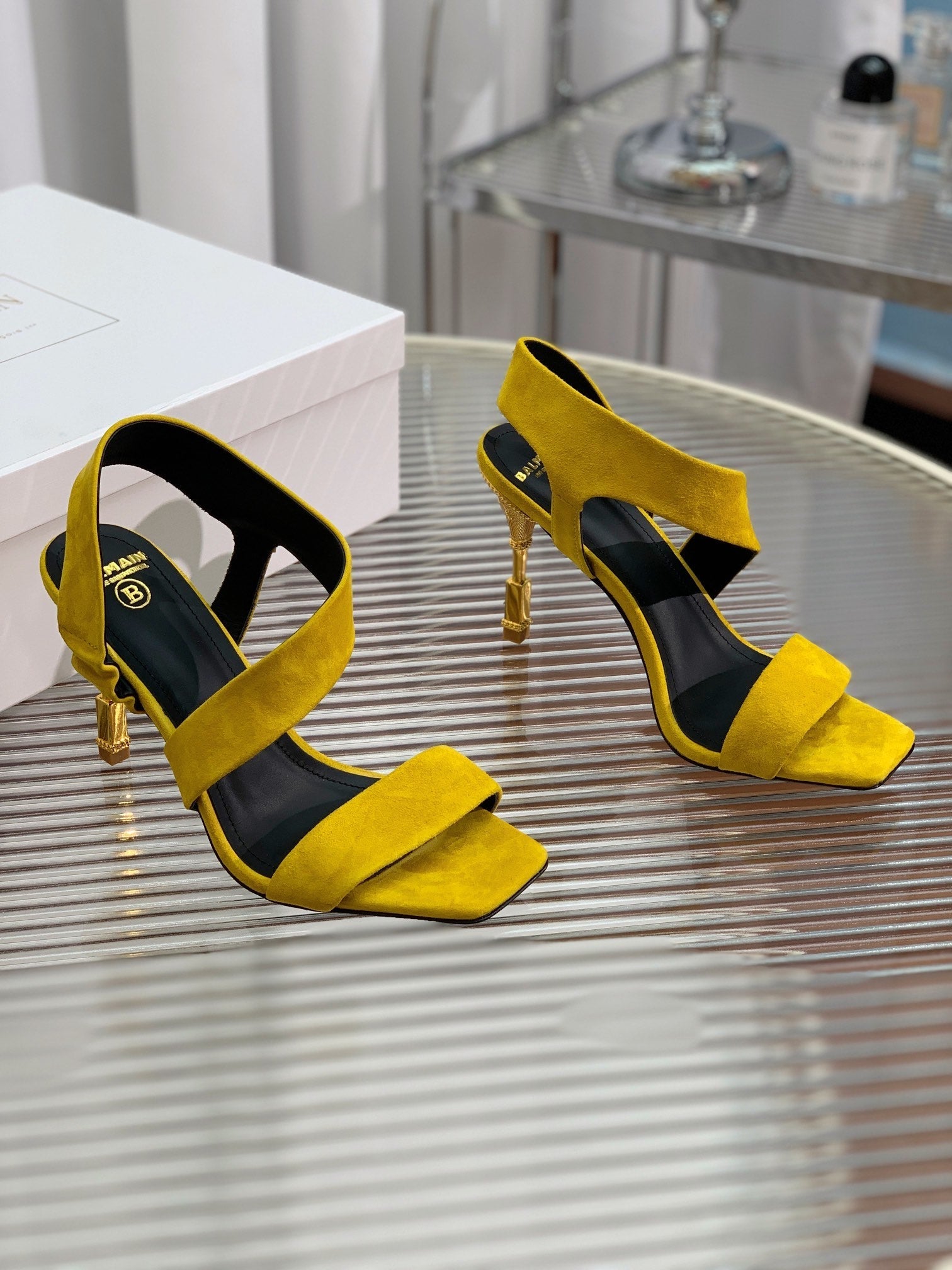 BALMAIN 25S HIGH HEEL SANDALS 95MM IN GOLDEN YELLOW SUEDE