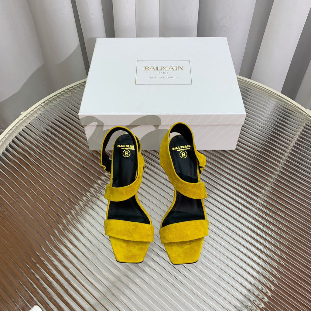 BALMAIN 25S HIGH HEEL SANDALS 95MM IN GOLDEN YELLOW SUEDE