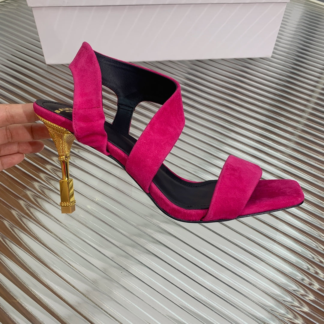 BALMAIN 25S HIGH HEEL SANDALS 95MM IN FUCHSIA SUEDE