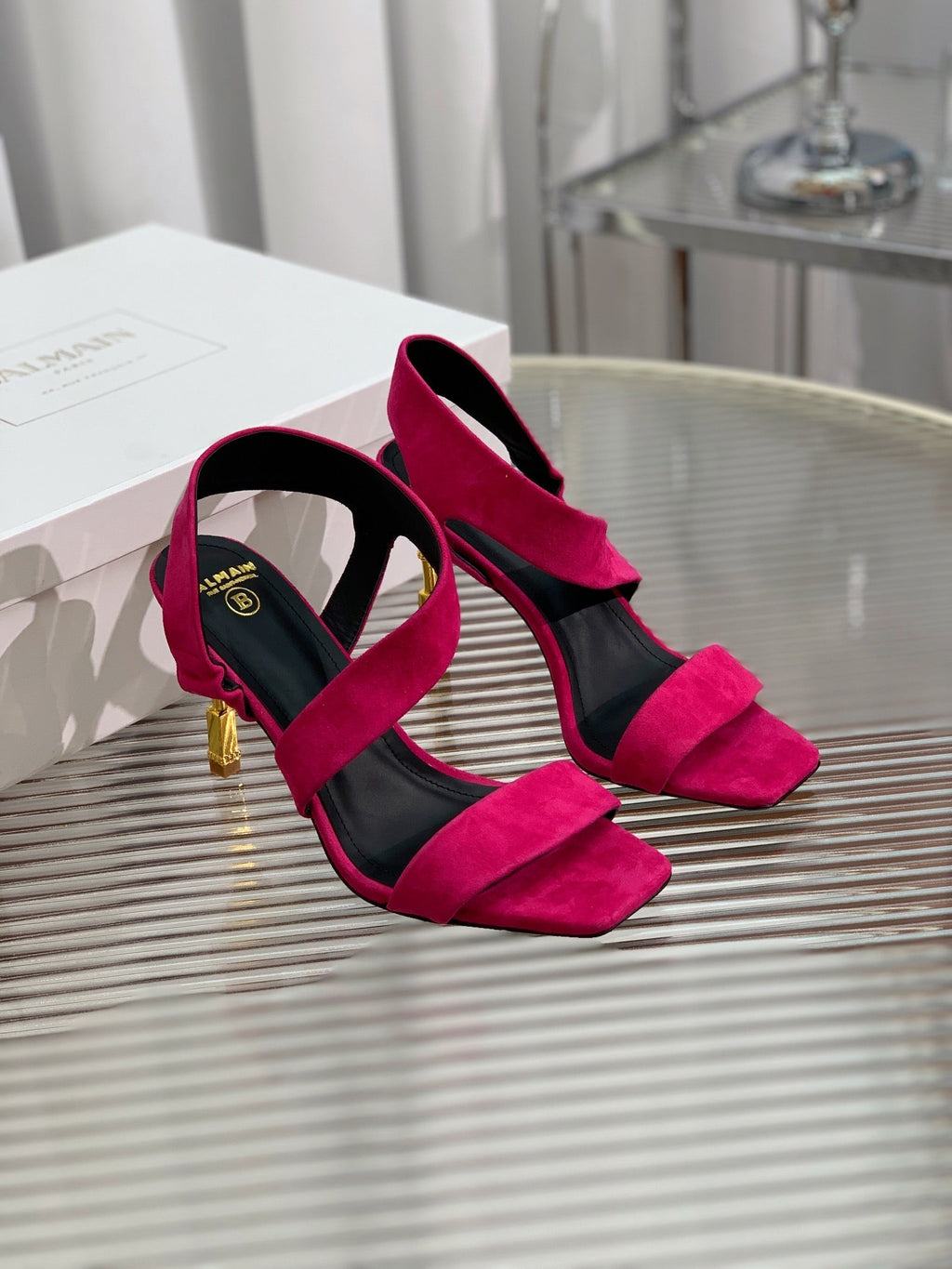 BALMAIN 25S HIGH HEEL SANDALS 95MM IN FUCHSIA SUEDE