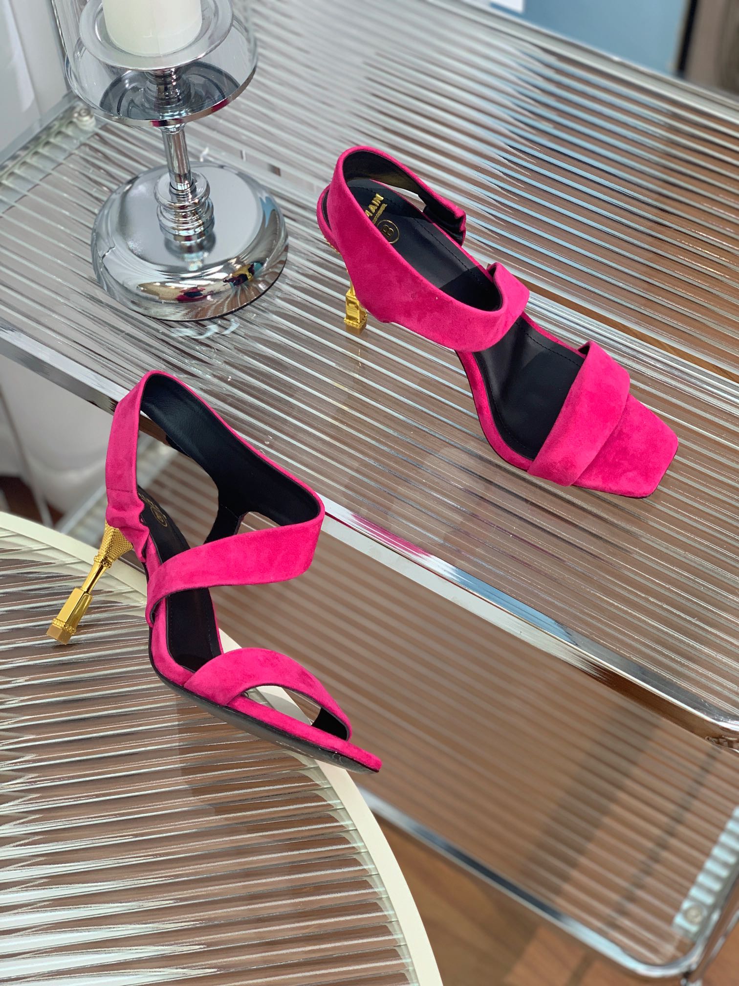 BALMAIN 25S HIGH HEEL SANDALS 95MM IN FUCHSIA SUEDE