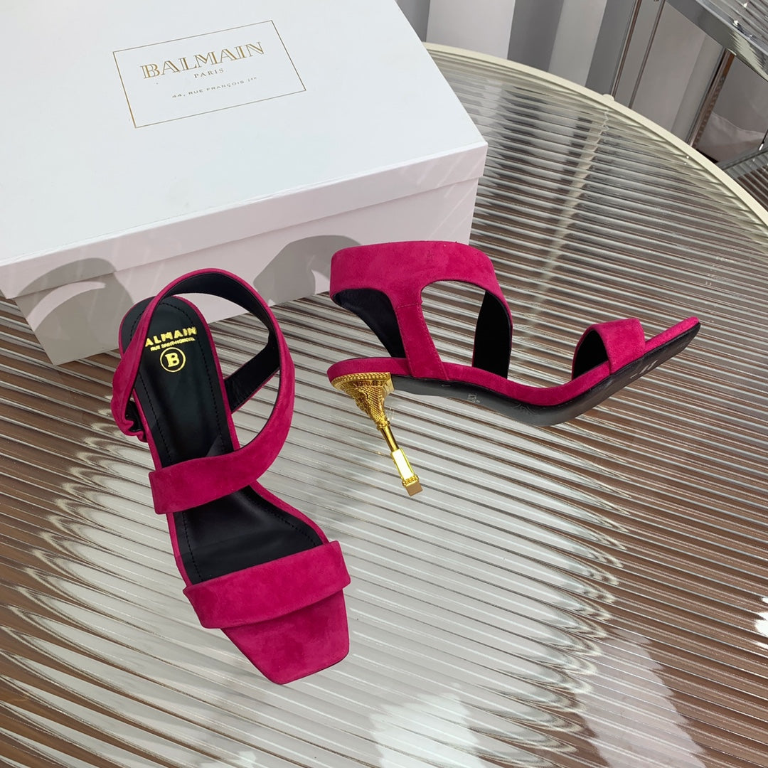 BALMAIN 25S HIGH HEEL SANDALS 95MM IN FUCHSIA SUEDE