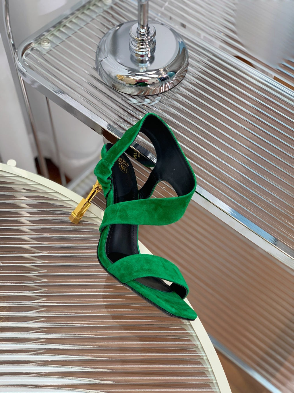 BALMAIN 25S HIGH HEEL SANDALS 95MM IN DARK GREEN SUEDE