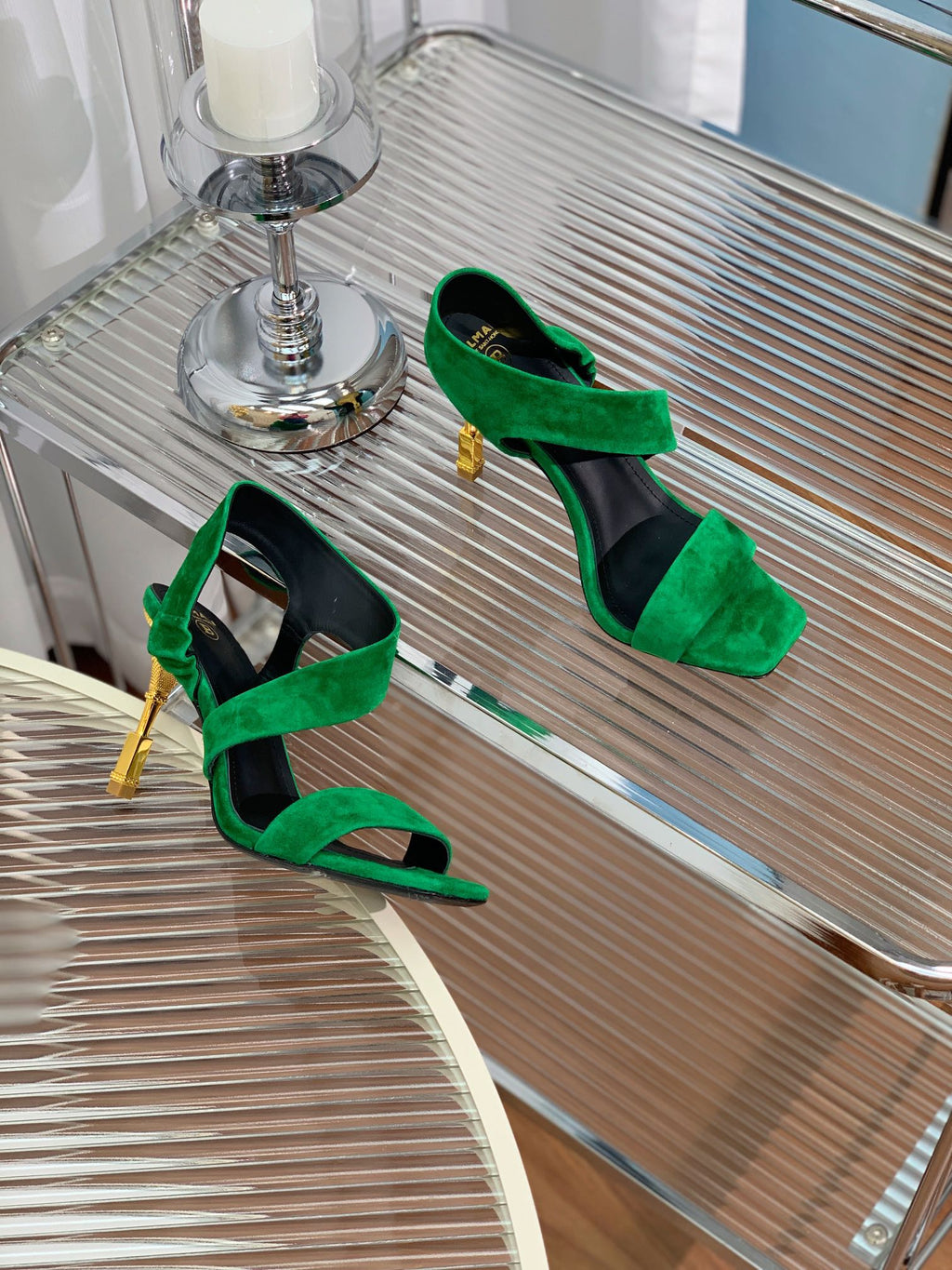 BALMAIN 25S HIGH HEEL SANDALS 95MM IN DARK GREEN SUEDE