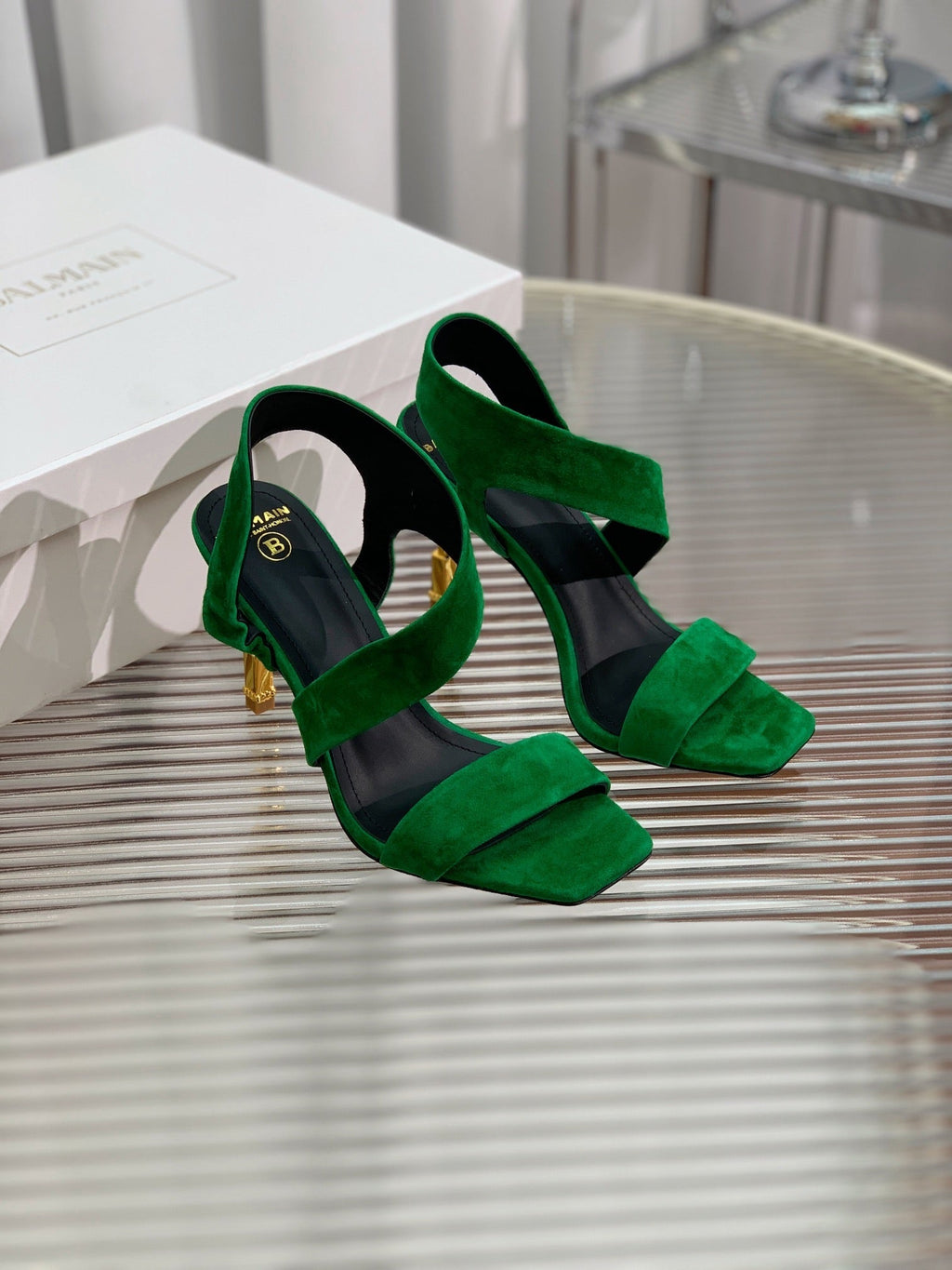 BALMAIN 25S HIGH HEEL SANDALS 95MM IN DARK GREEN SUEDE