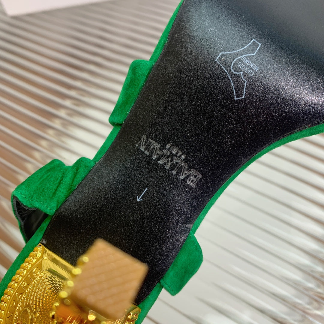 BALMAIN 25S HIGH HEEL SANDALS 95MM IN DARK GREEN SUEDE