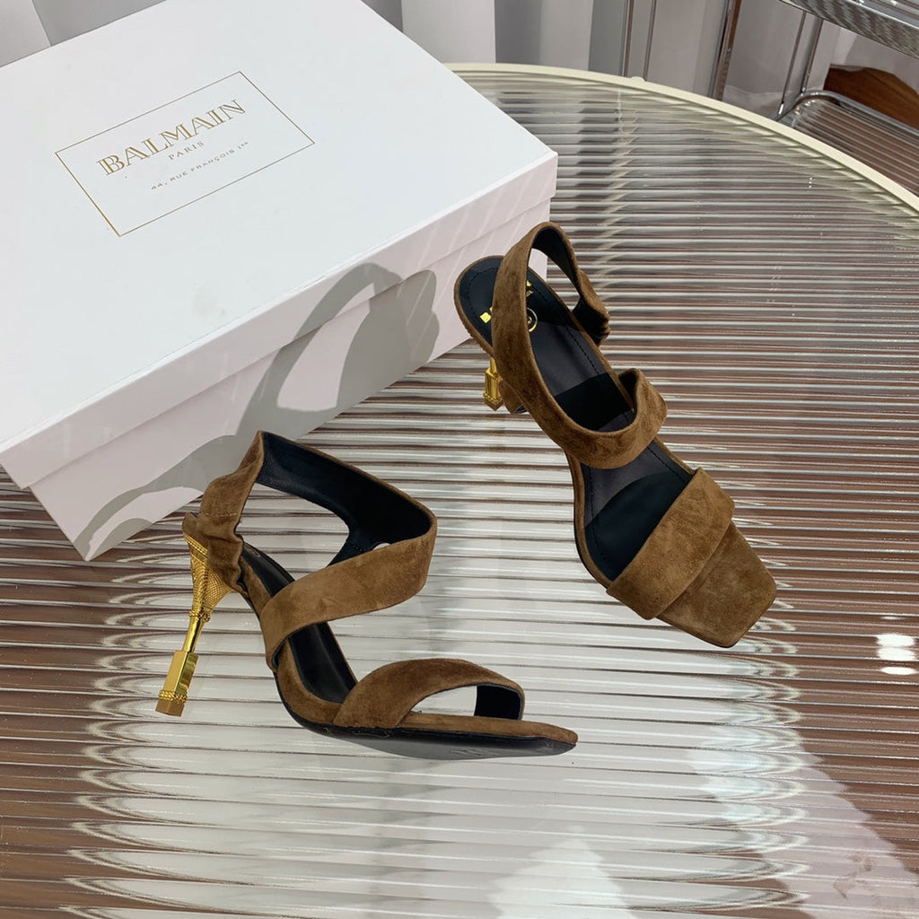 BALMAIN 25S HIGH HEEL SANDALS 95MM IN BROWN SUEDE