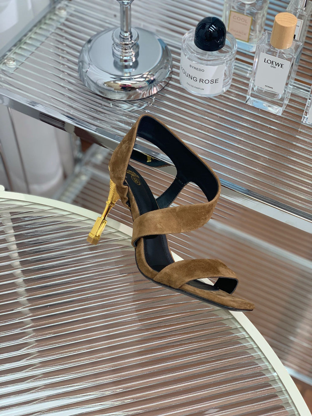 BALMAIN 25S HIGH HEEL SANDALS 95MM IN BROWN SUEDE