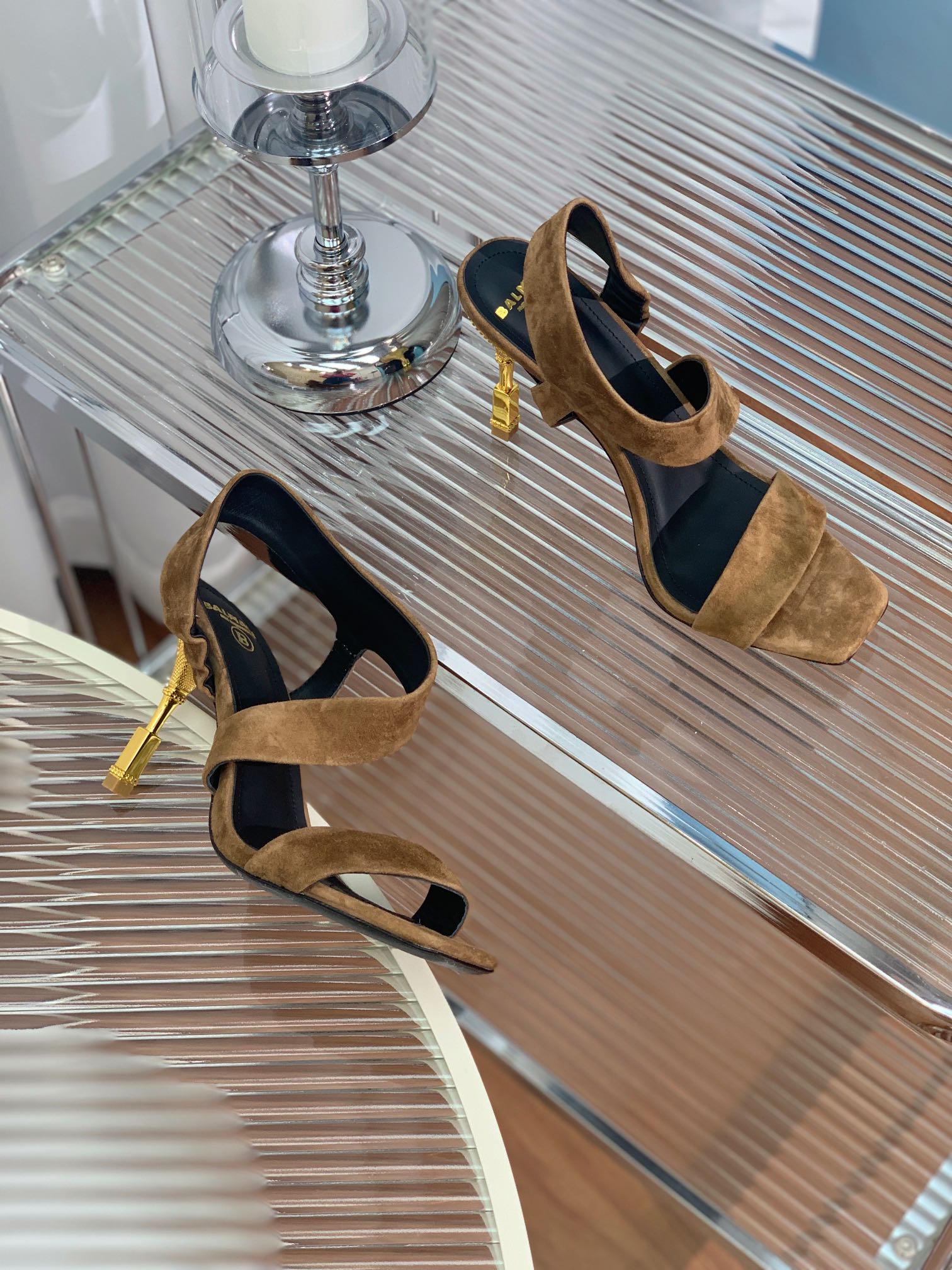 BALMAIN 25S HIGH HEEL SANDALS 95MM IN BROWN SUEDE