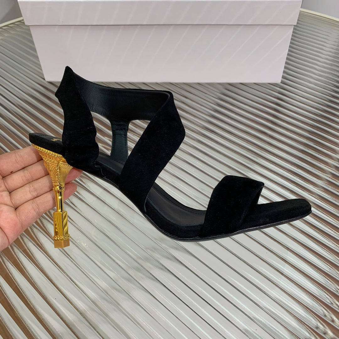 BALMAIN 25S HIGH HEEL SANDALS 95MM IN BLACK SUEDE