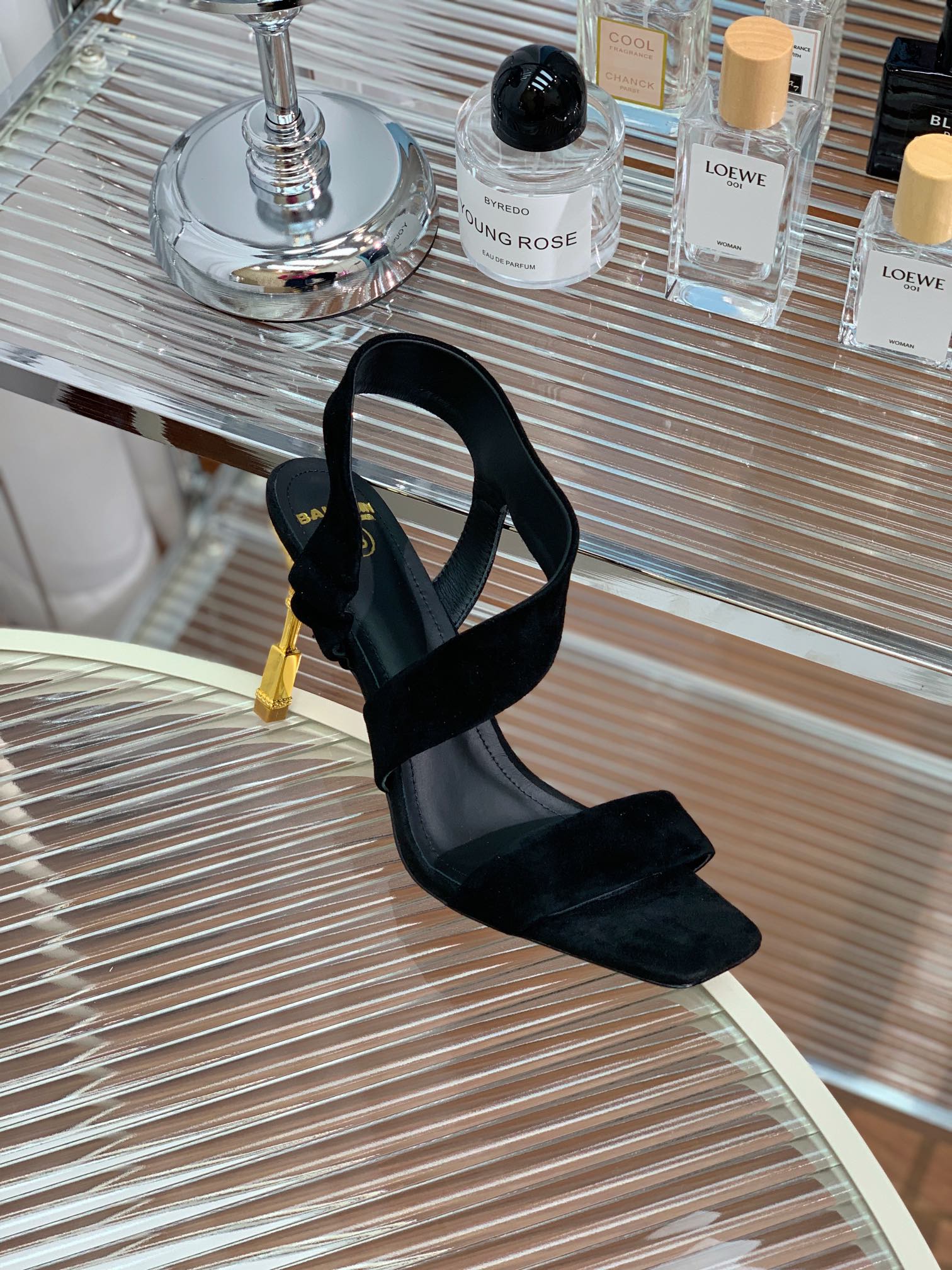 BALMAIN 25S HIGH HEEL SANDALS 95MM IN BLACK SUEDE