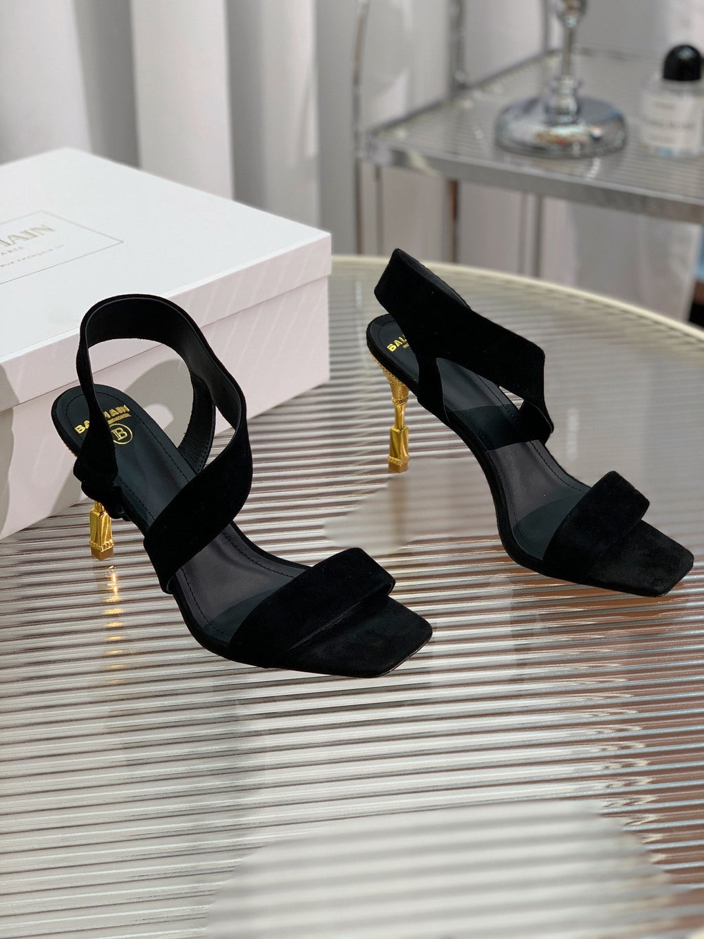 BALMAIN 25S HIGH HEEL SANDALS 95MM IN BLACK SUEDE