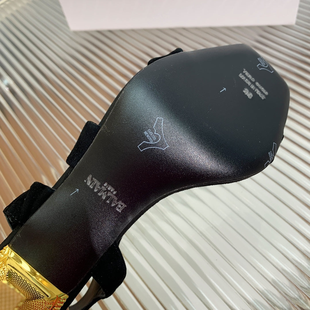 BALMAIN 25S HIGH HEEL SANDALS 95MM IN BLACK SUEDE