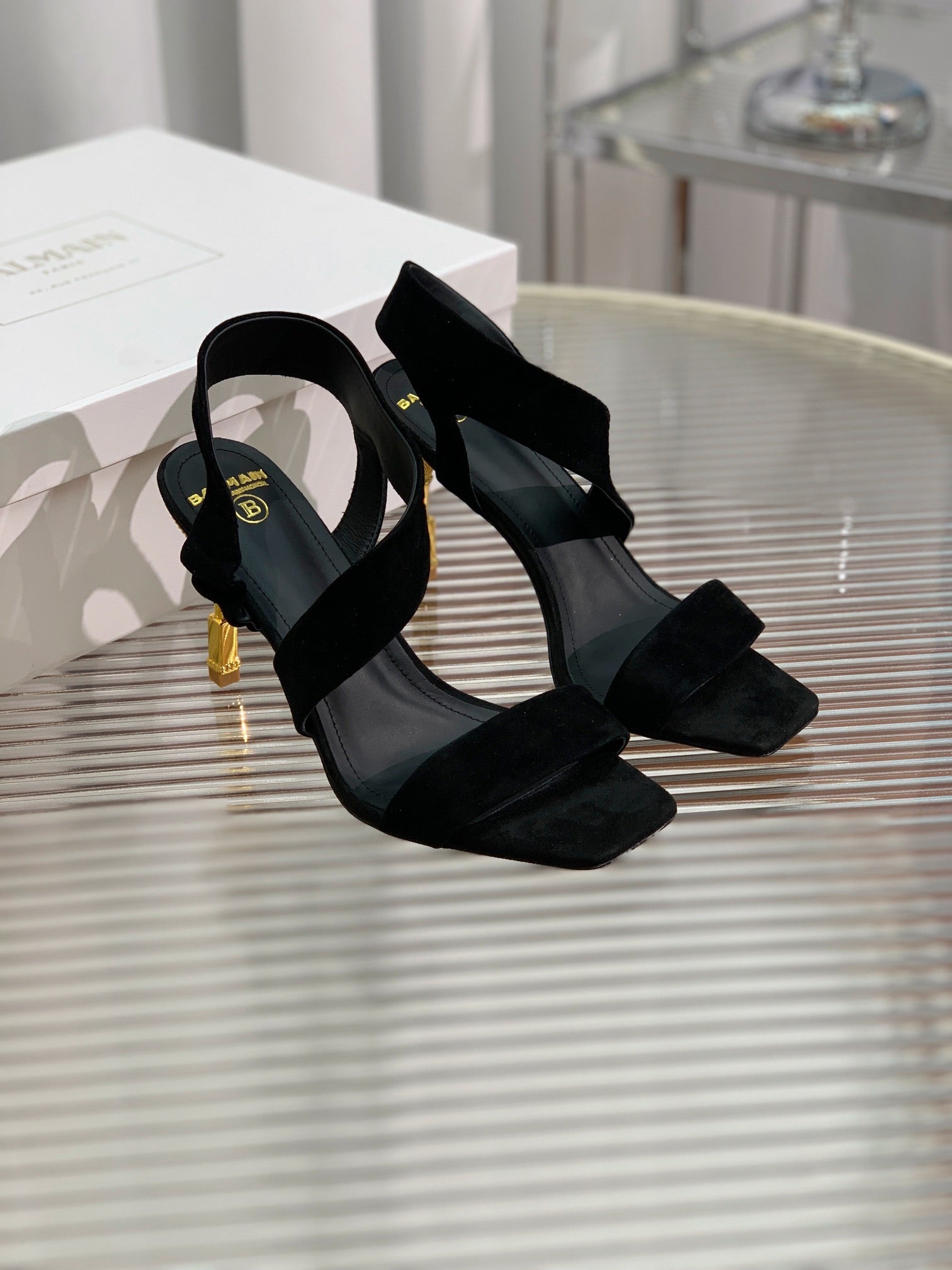 BALMAIN 25S HIGH HEEL SANDALS 95MM IN BLACK SUEDE