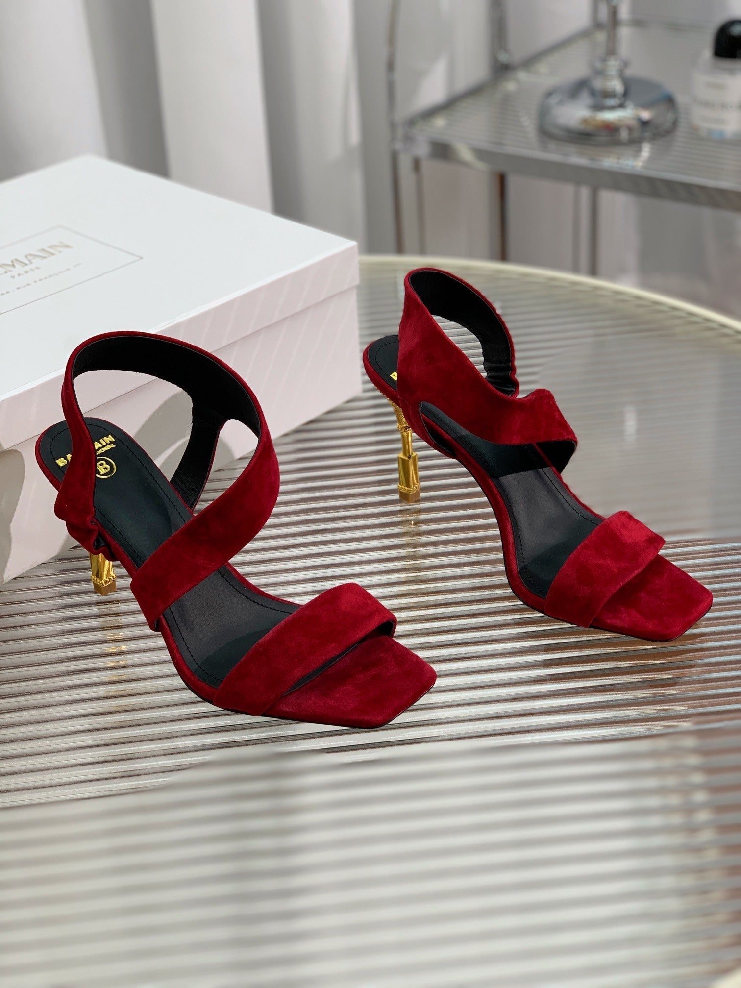 BALMAIN 25S HIGH HEEL SANDALS 95MM IN DARK CRIMSON SUEDE