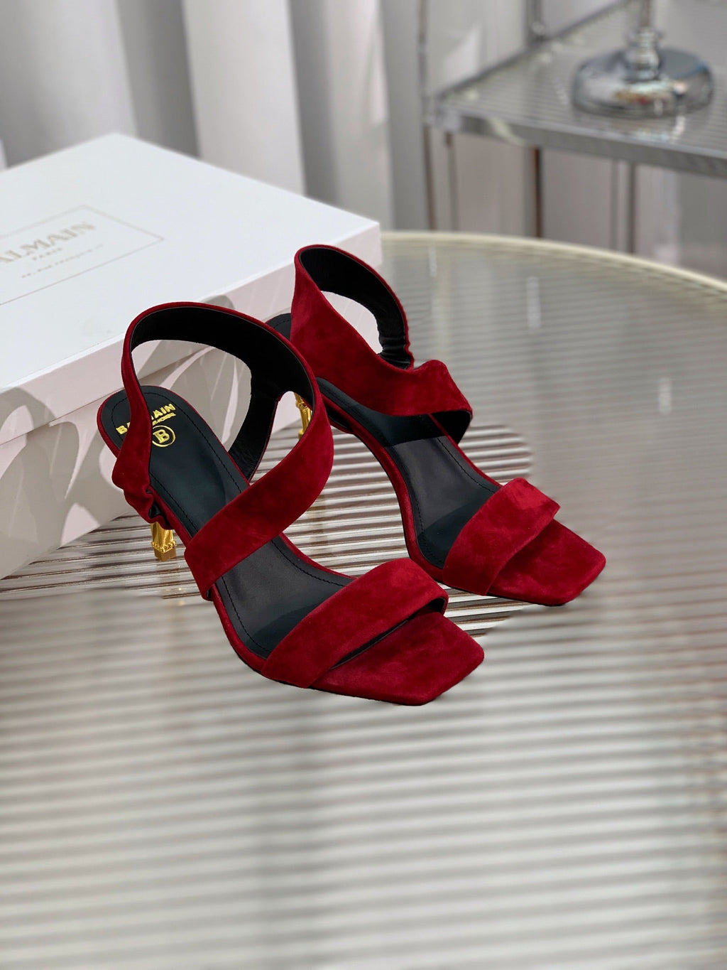 BALMAIN 25S HIGH HEEL SANDALS 95MM IN DARK CRIMSON SUEDE