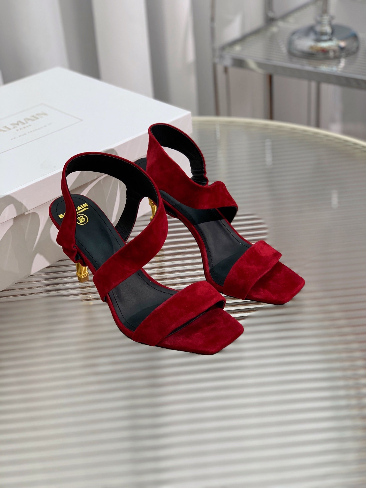 BALMAIN 25S HIGH HEEL SANDALS 95MM IN DARK CRIMSON SUEDE