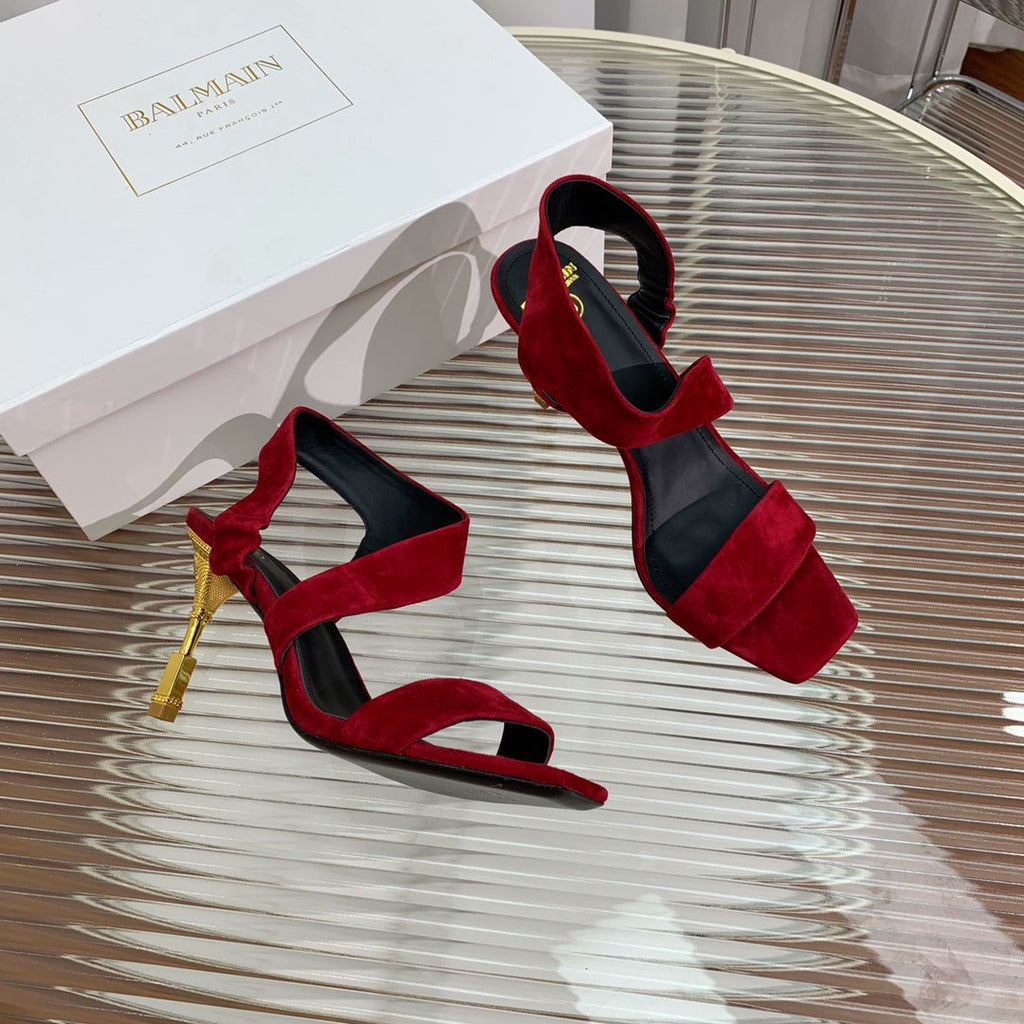 BALMAIN 25S HIGH HEEL SANDALS 95MM IN DARK CRIMSON SUEDE