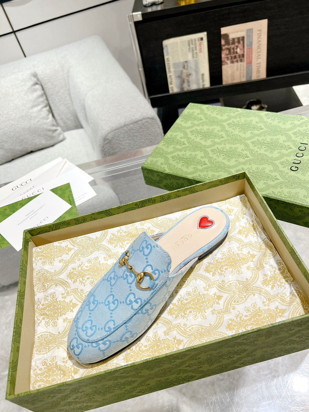 MEN'S MULE WITH HORSEBIT IN LIGHT BLUE MONOGRAM JACQUARD FABRIC