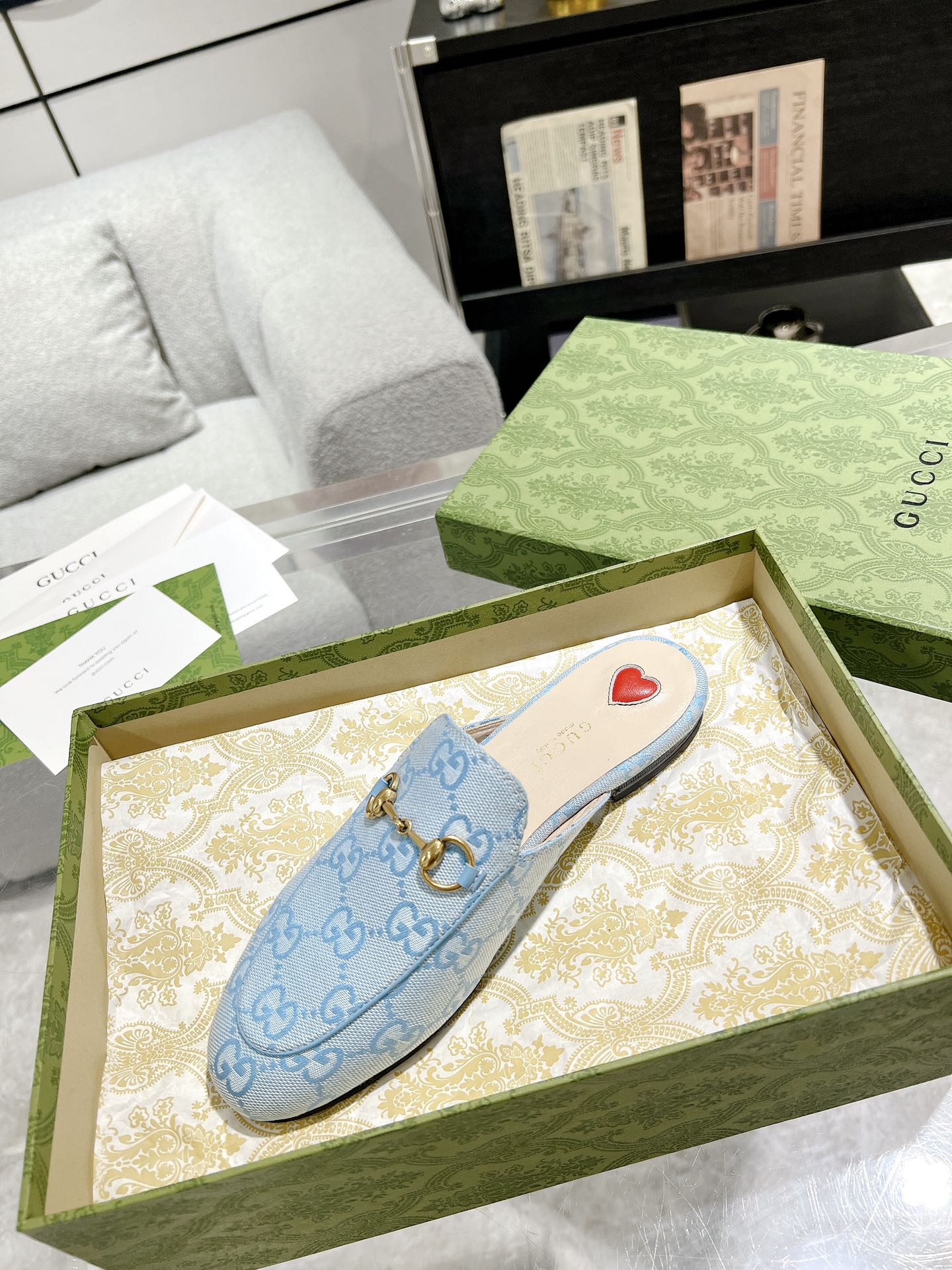 MEN'S MULE WITH HORSEBIT IN LIGHT BLUE MONOGRAM JACQUARD FABRIC