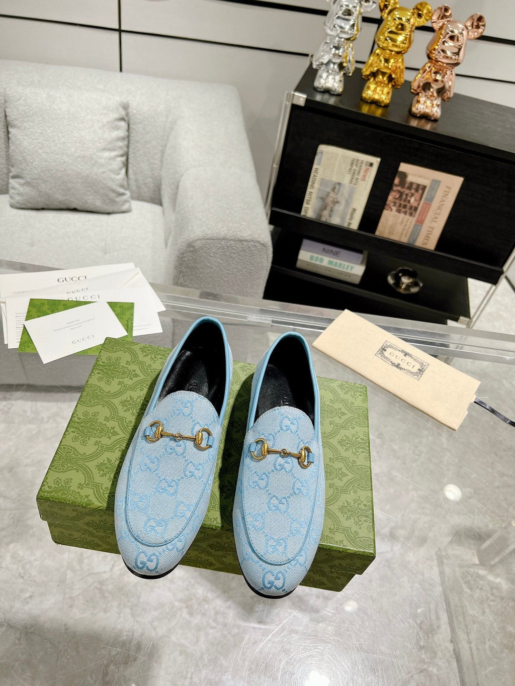 MEN'S LOAFER WITH HORSEBIT IN LIGHT BLUE MONOGRAM JACQUARD FABRIC