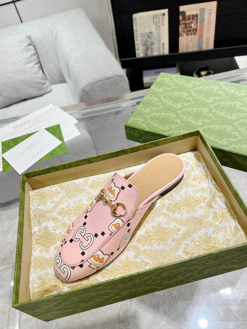 HORSEBIT SLIPPER MULE WITH CUTE CAT PRINT IN LIGHT PINK CALFSKIN