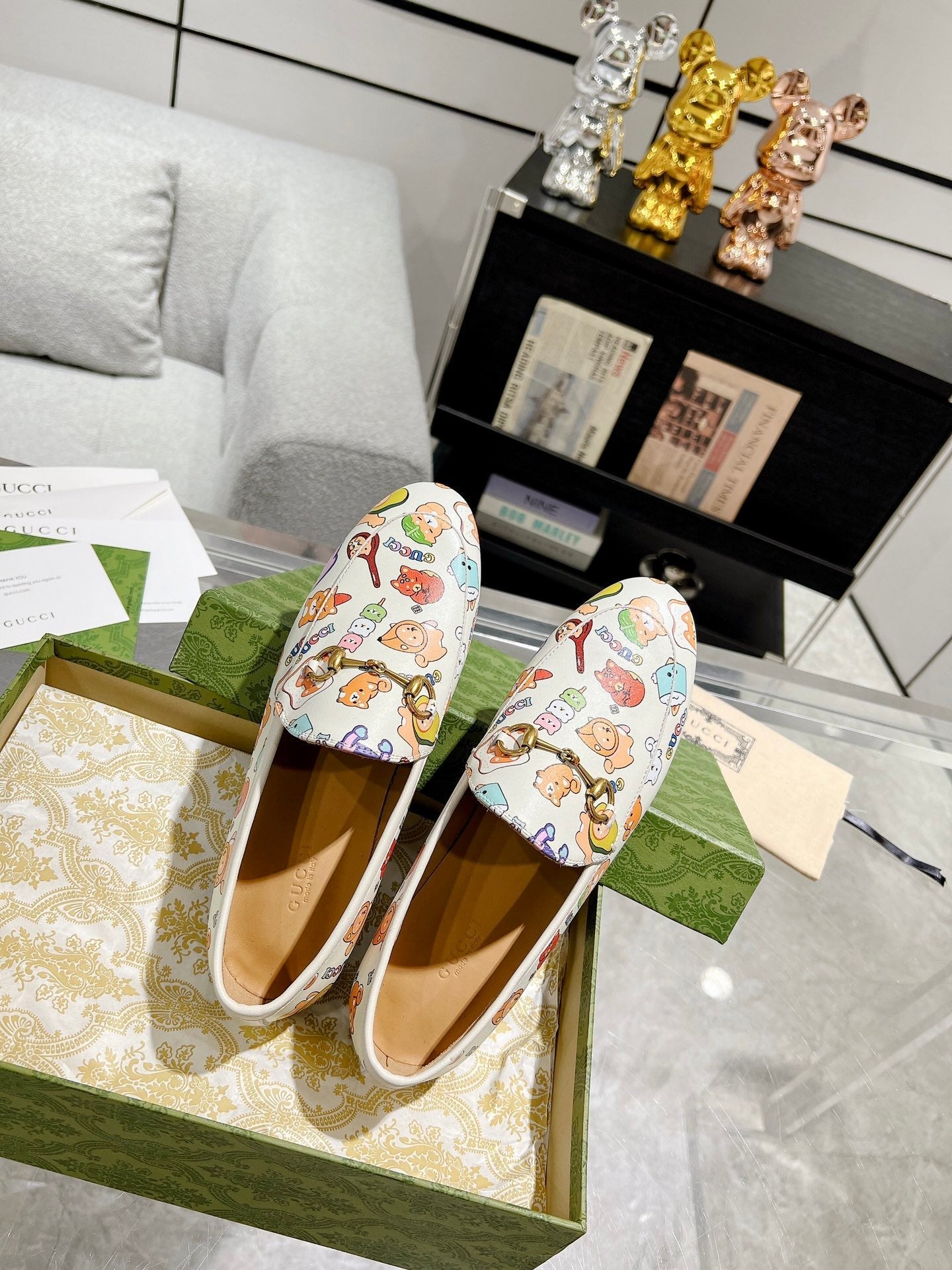 HORSEBIT LOAFER WITH CUTE ANIMAL PRINT IN WHITE CALFSKIN