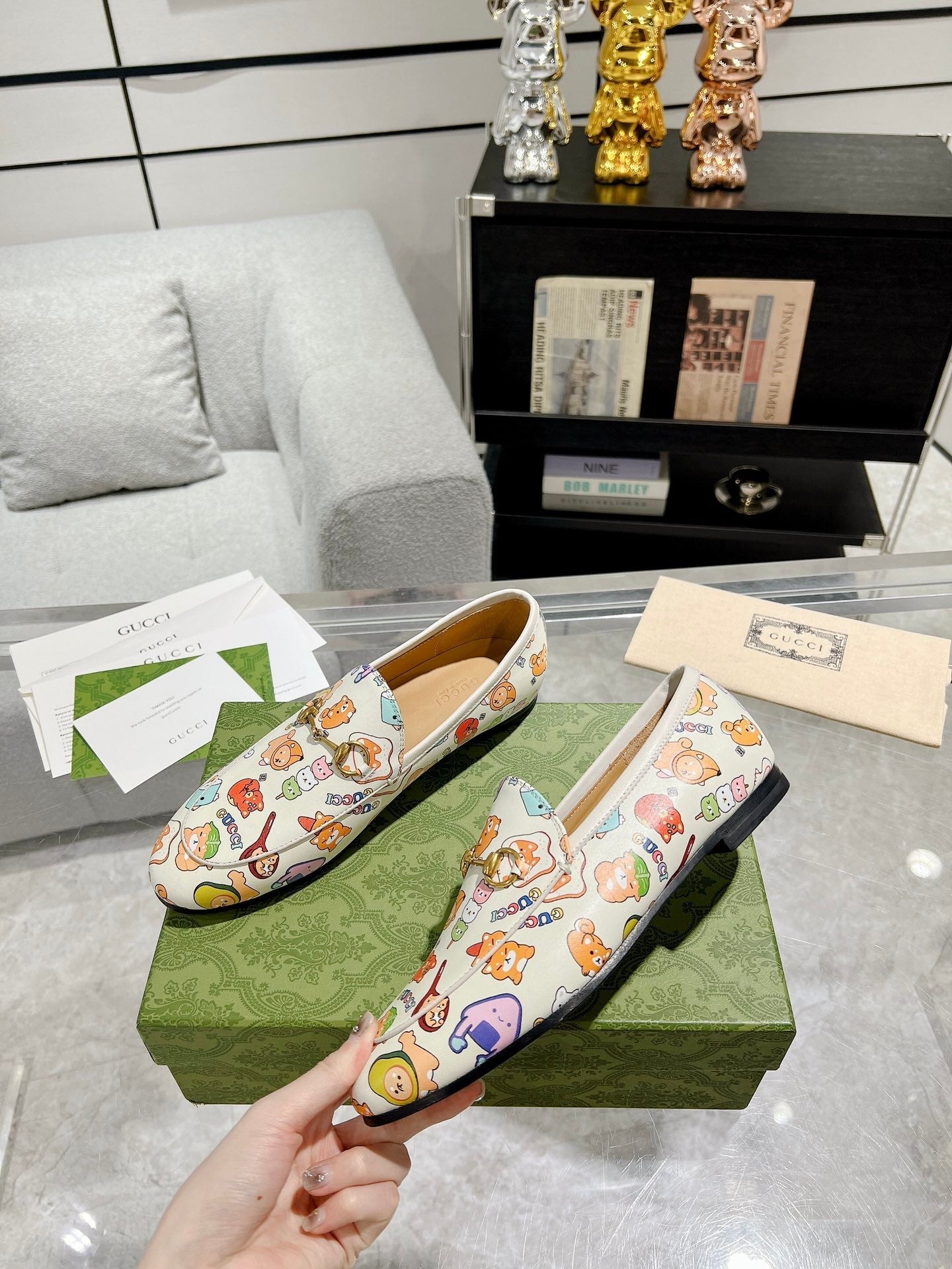 HORSEBIT LOAFER WITH CUTE ANIMAL PRINT IN WHITE CALFSKIN