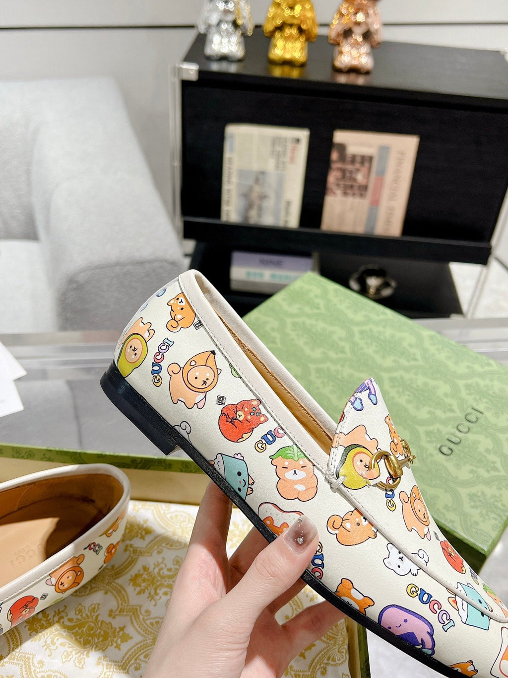 HORSEBIT LOAFER WITH CUTE ANIMAL PRINT IN WHITE CALFSKIN