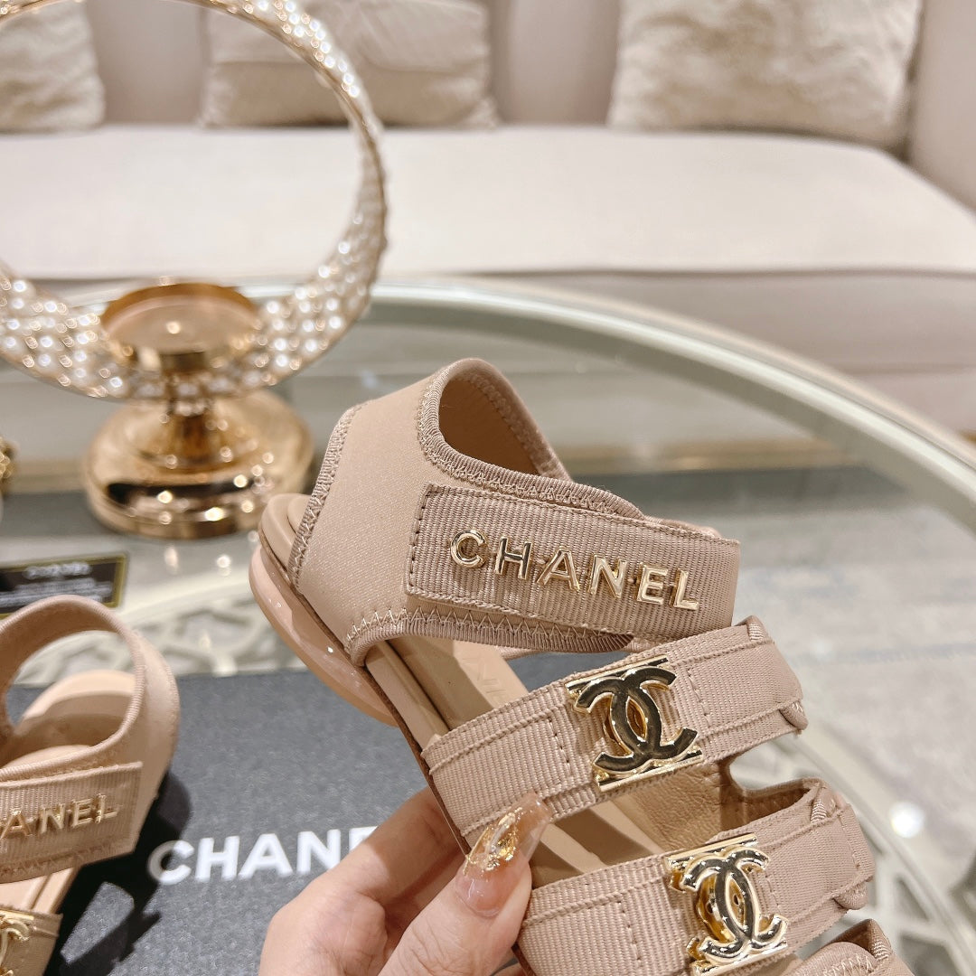 Double C  Xiaoxiang Chain Fabric Head Chunky Sandal Cream Lambskin