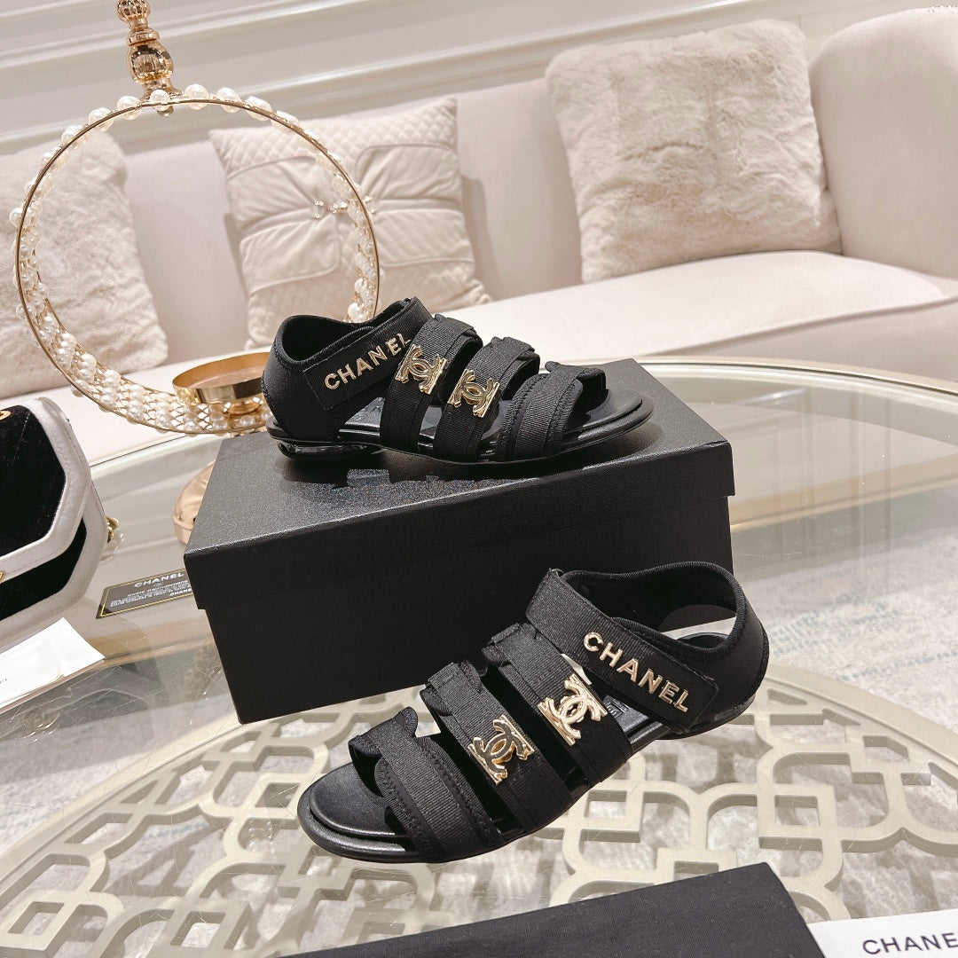 Double C  Xiaoxiang Chain Fabric Head Chunky Sandal Black Lambskin