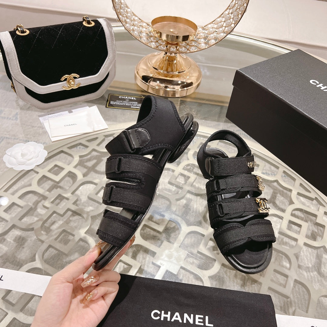 Double C  Xiaoxiang Chain Fabric Head Chunky Sandal Black Lambskin