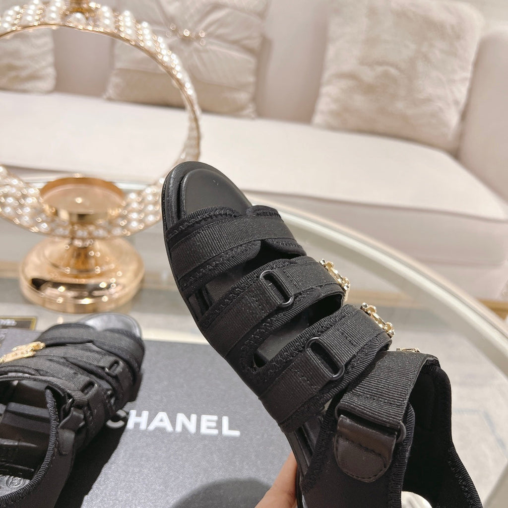 Double C  Xiaoxiang Chain Fabric Head Chunky Sandal Black Lambskin