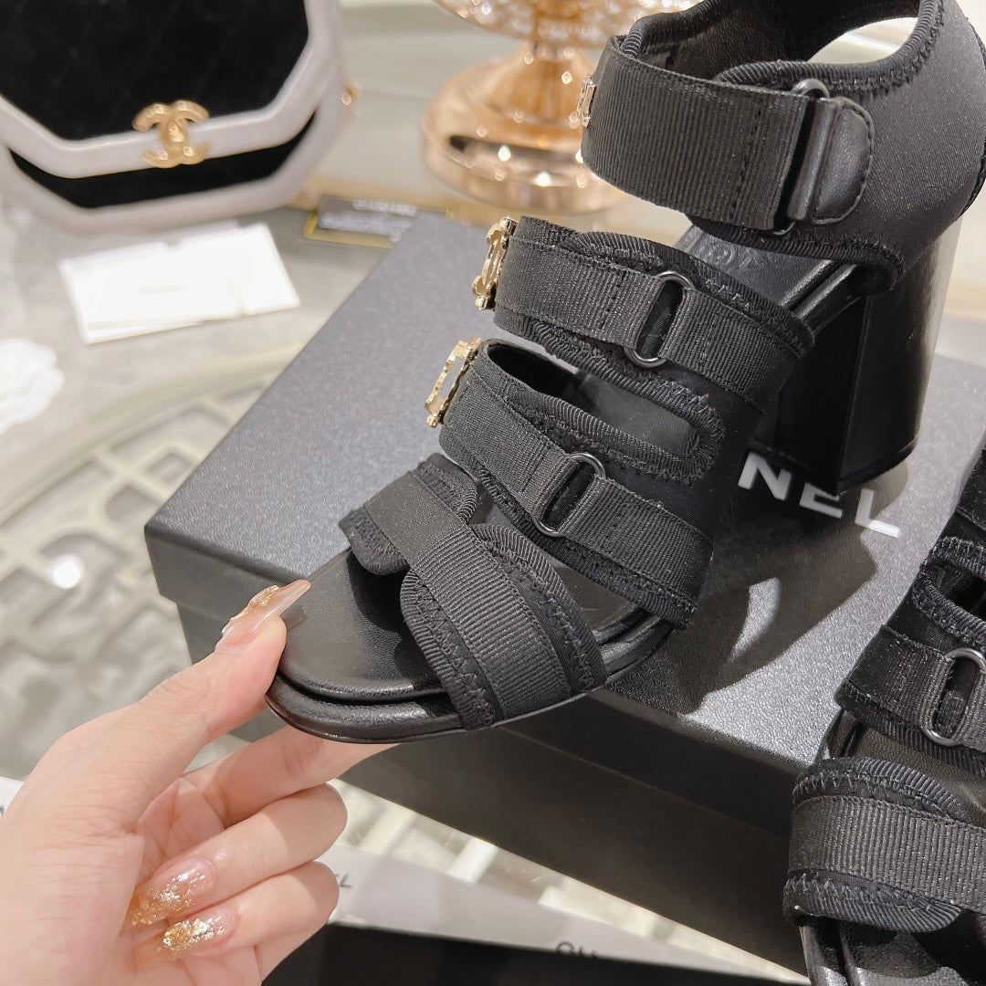 Double C  Xiaoxiang Chain Fabric Head Chunky Heel Sandals Black Lambskin