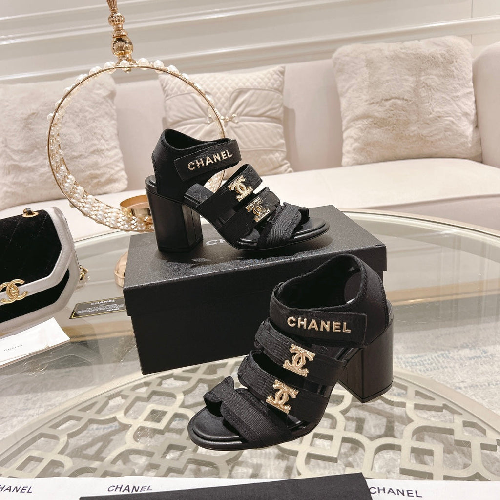 Double C  Xiaoxiang Chain Fabric Head Chunky Heel Sandals Black Lambskin
