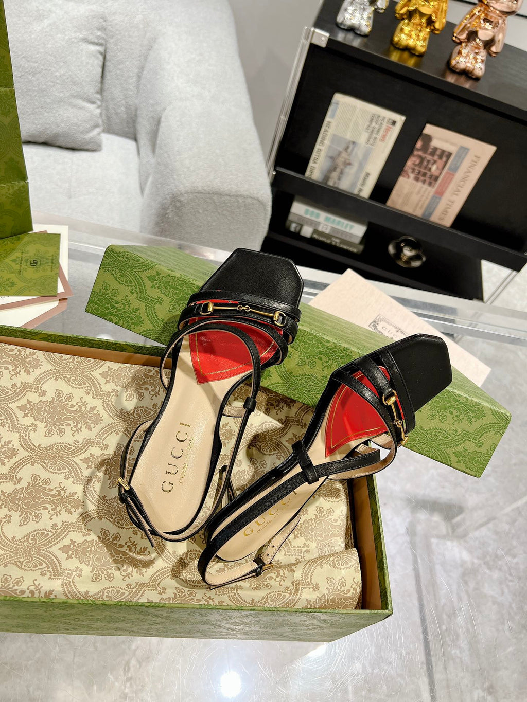 GG  CLASSIC STRAPPY HEEL SANDAL BLACK CALFSKIN