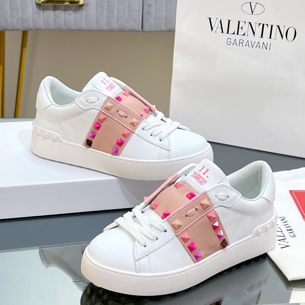 VALENTINO 25S GARAVANI ROCKSTUD UNTITLED STUDDED SNEAKERS IN WHITE MIX PINK LAMBSKIN STYLE 1