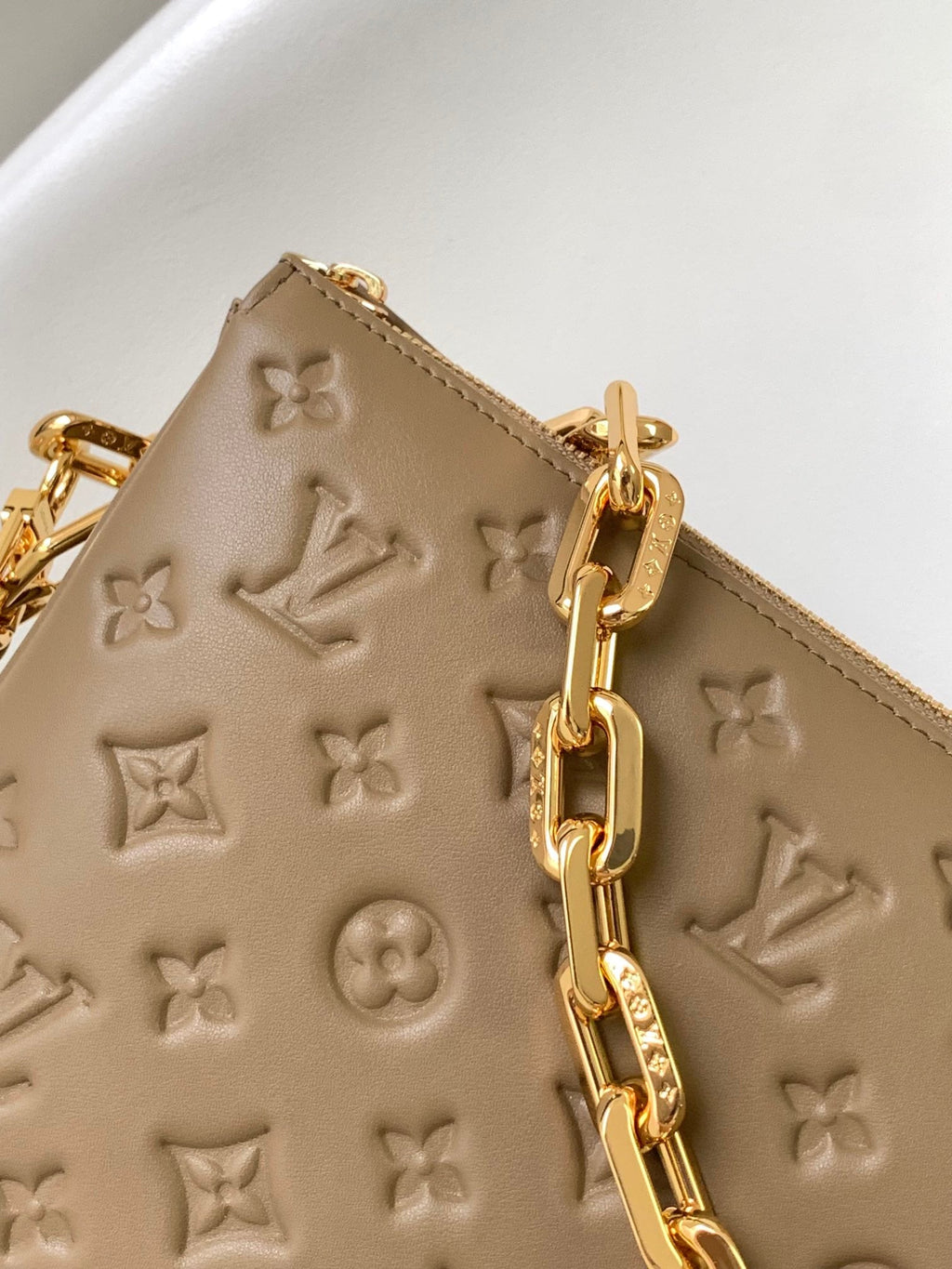 COUSSIN PM 26 IN BROWN MONOGRAM EMBOSSED LAMBSKIN GOLD HARDWARE