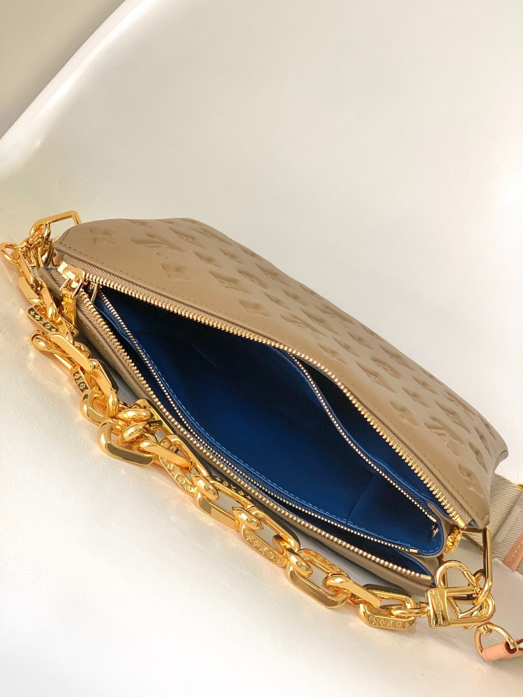 COUSSIN PM 26 IN BROWN MONOGRAM EMBOSSED LAMBSKIN GOLD HARDWARE