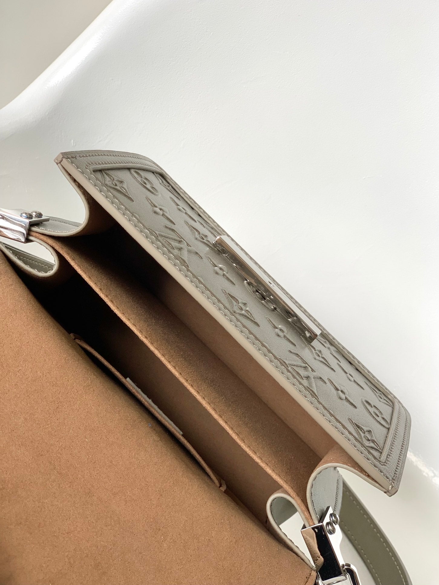 LV 25S MINI DAUPHINE BAG 20 IN BEIGE GRAY MOONOGRAM CALFSKIN SHIMMERING METALLIC GOLD