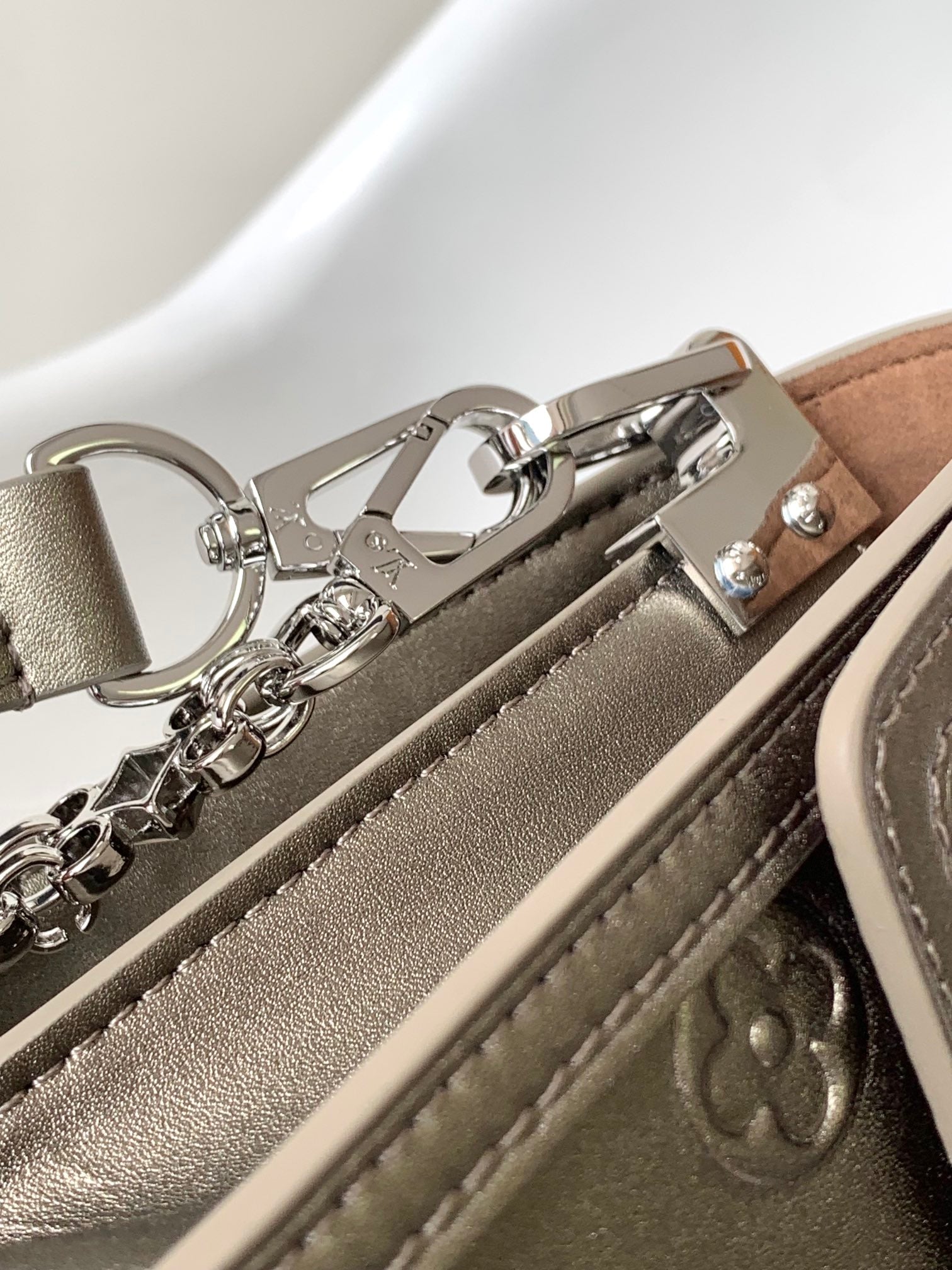 LV 25S MINI DAUPHINE BAG 20 IN BEIGE GRAY MOONOGRAM CALFSKIN SHIMMERING METALLIC GOLD