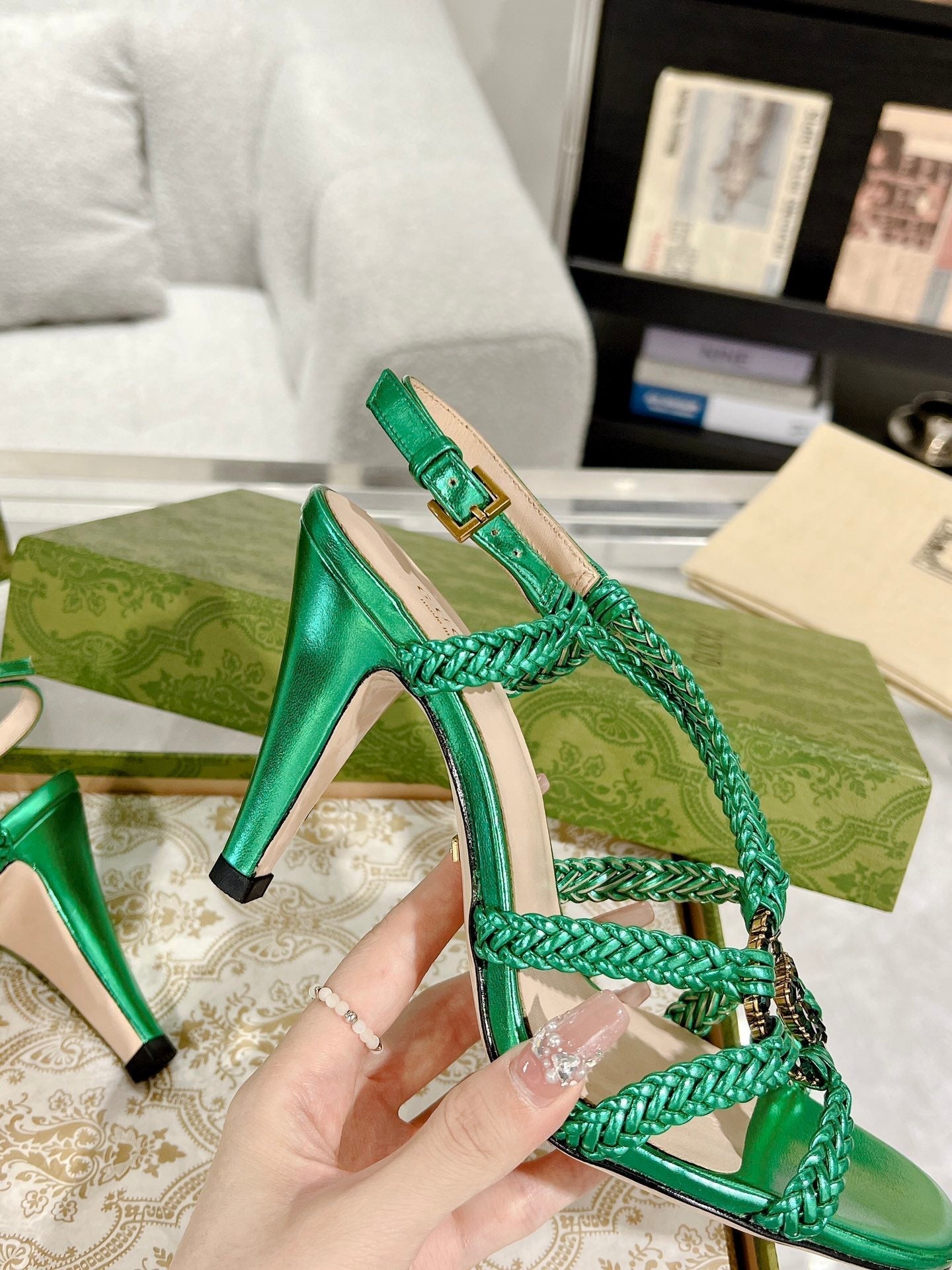 GG CRYSTAL HIGH HEEL SANDAL JADE GREEN CALFSKIN SPECIAL