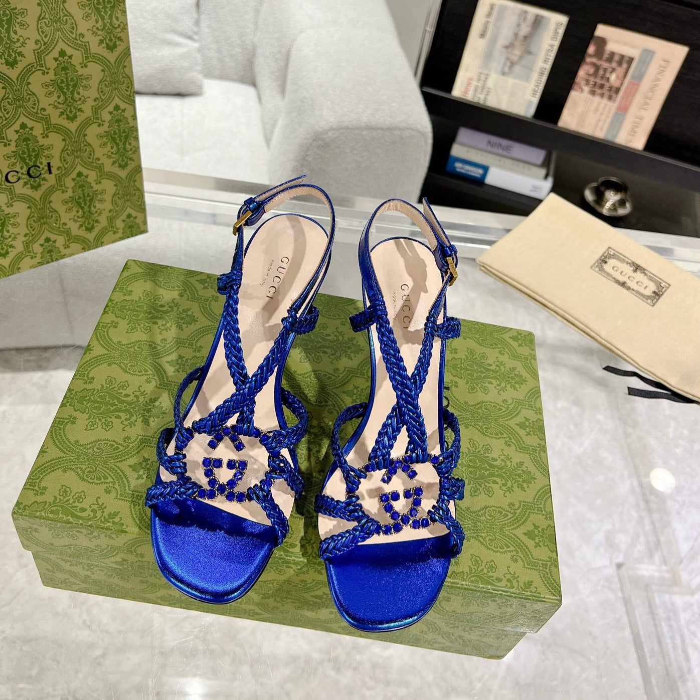 GG CRYSTAL HIGH HEEL SANDAL AZURE CALFSKIN SPECIAL